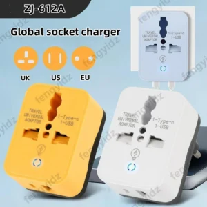 Universal Travel Plug Adapter with 2 USB Ports for UK, EU & US