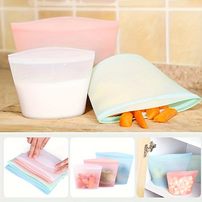 Reusable Silicone Food Storage Bags, Leakproof Ziplock Set - Image 4