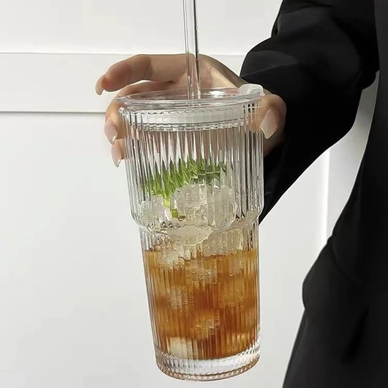 Large Striped Insulated Glass Tumbler with Lid and Straw - Image 2