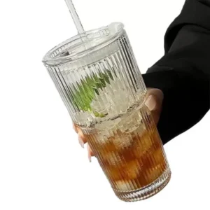 Large Striped Insulated Glass Tumbler with Lid and Straw