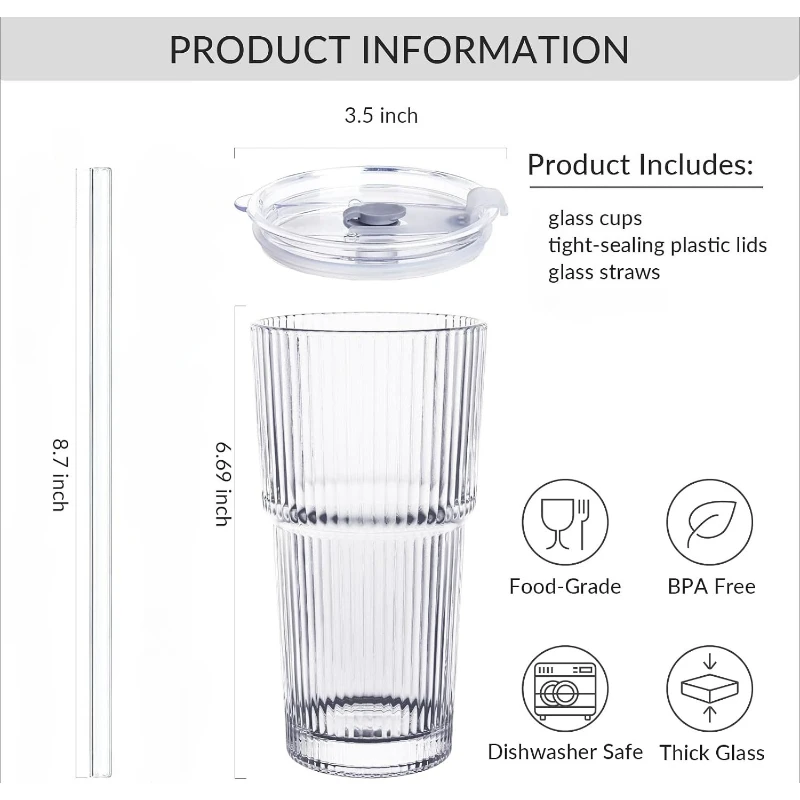 Large Striped Insulated Glass Tumbler with Lid and Straw - Image 3
