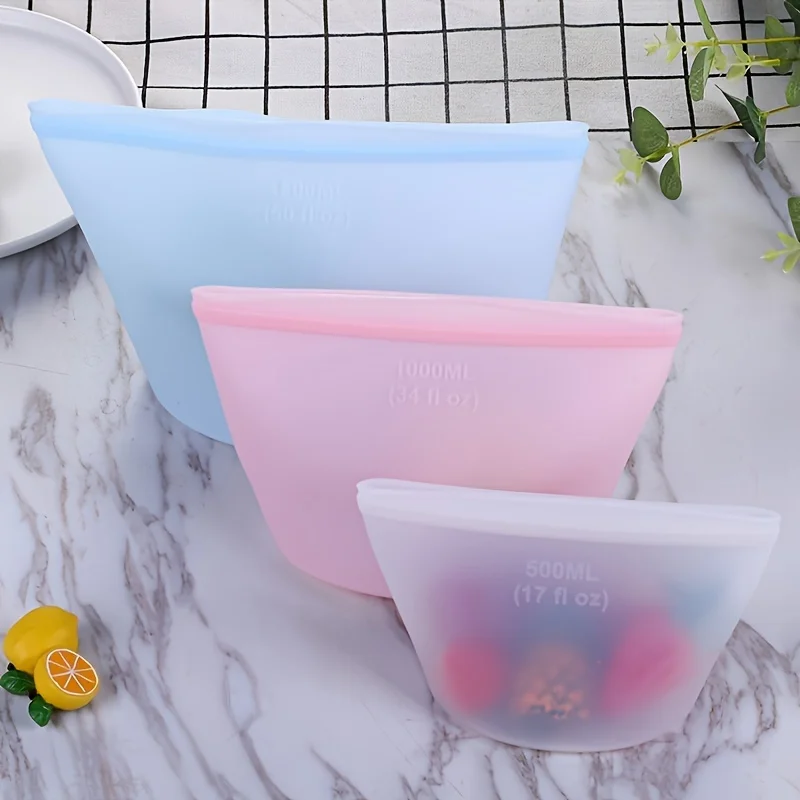 Reusable Silicone Food Storage Bags, Leakproof Ziplock Set - Image 3