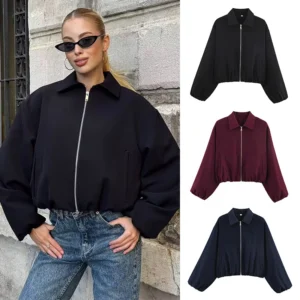 Women's Cropped Padded Jacket with Turn-Down Collar