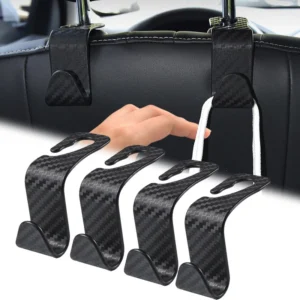 4x Carbon Fibre Car Headrest Hooks for Tidy Back Seat Storage