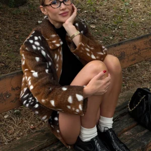 Women's Deer Print Faux Fur Short Jacket with Zip