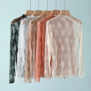 Women's Sheer Lace Mock Neck Long Sleeve Top